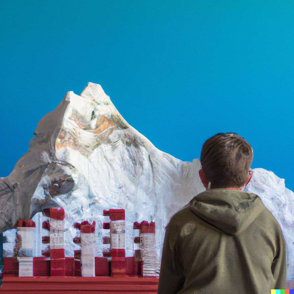 someone gazing at Mount Everest, made from LEGO bricks